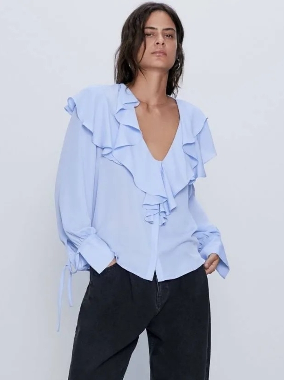 Zara Women's Light Blue Ruffle V-Neck Long Sleeves With Tie Cuff Blouse Mediun